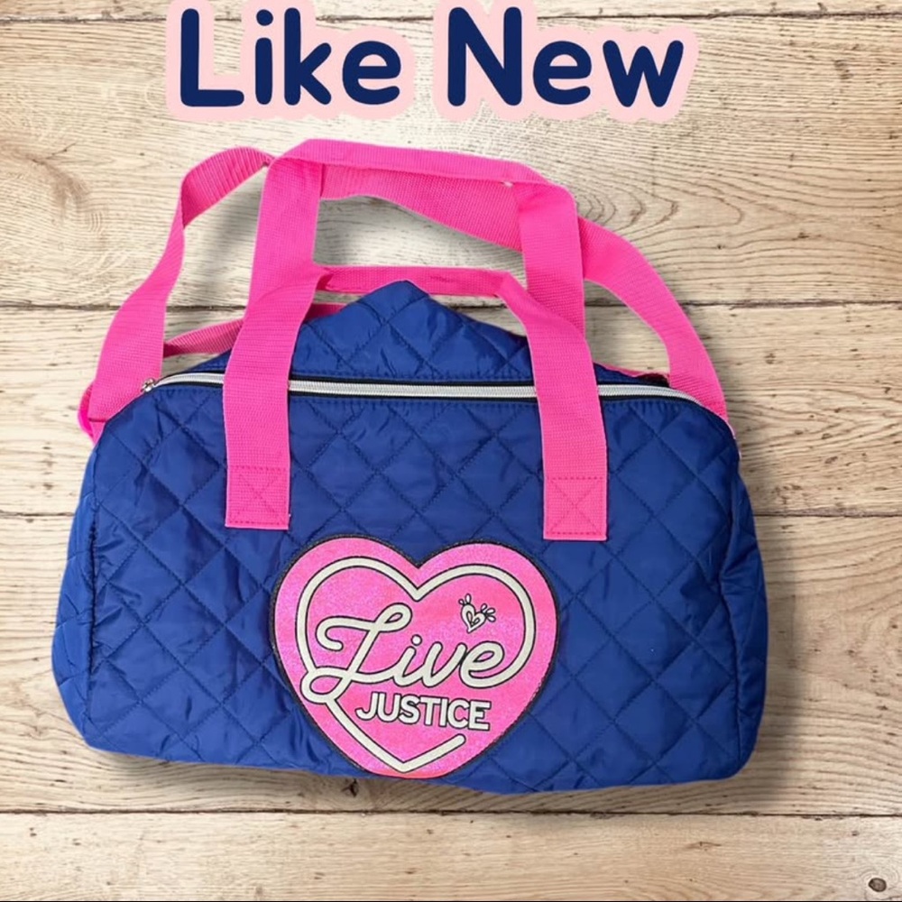 Girls Live JUSTICE Dance Tote Bag Quilted Blue with Pink Glitter logo.
